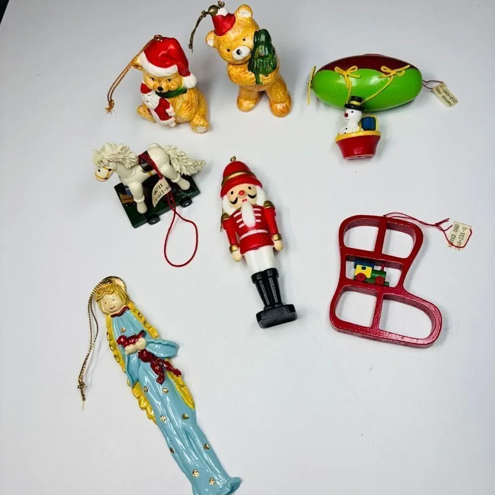 Vintage Mixed Christmas Ornament Lot — Nutcracker, Bears, Angel, Rocking Horse &